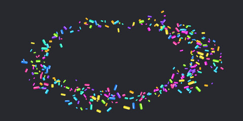 Sprinkle with bright grains of dessert. Round pattern with realistic colorful sweet grains isolated on black. Design for holiday designs, party, birthday, invitation. Vector 3d sweet confetti