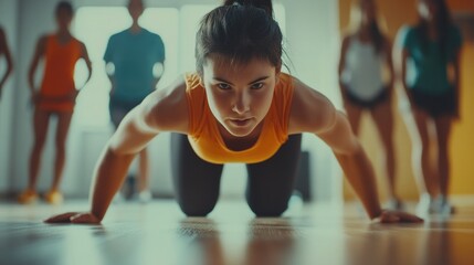 Focused athlete performing push-ups in vibrant fitness studio, s