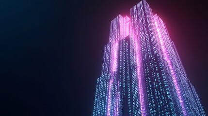 Futuristic skyscraper covered in binary code glows in the dark