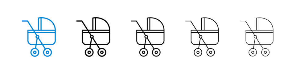 Baby carriage icons in five different stroke sizes