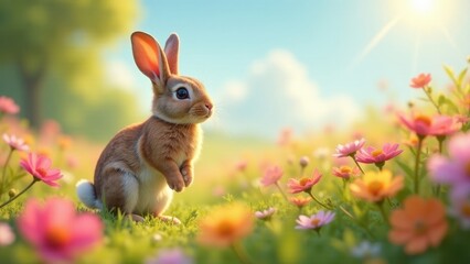 Fototapeta premium A fluffy bunny rabbit stands attentively in a vibrant meadow of colorful wildflowers, bathed in the warm glow of sunlight.