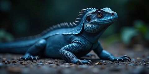 Obraz premium A vibrant blue reptile, showcasing intricate scales and sharp claws, rests on textured ground in a dimly lit environment. Its gaze is directed upward, creating a captivating image of wildlife.