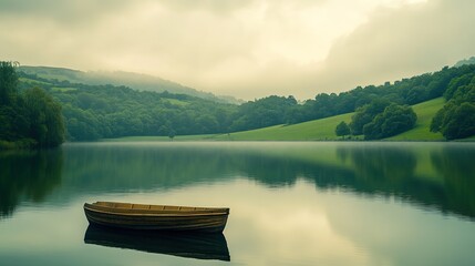 Obraz premium Serene Wooden Rowboat on Calm Lake Surrounded by Misty Green Hills