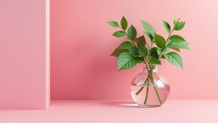 Obraz premium Serene Minimalist Still Life Lush Green Branches in a Clear Glass Vase Against a Soft Pink Background