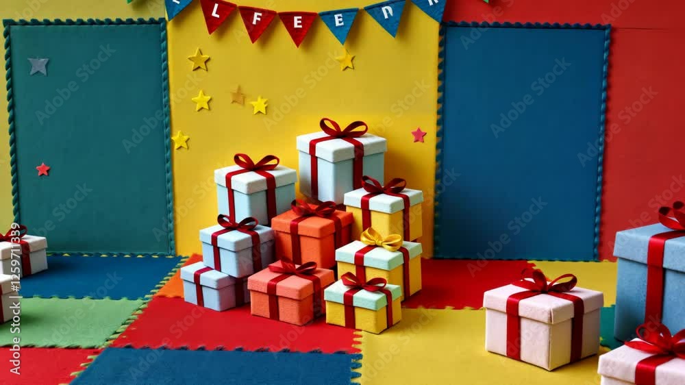 Poster A stack of presents with a banner that says 
