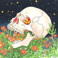 A grinning skull adorned with vivid orange and red flowers emerges from a bed of wild blossoms under the starry night sky. The bone structure, tinged with hues of pale blue and soft beige, appears alm