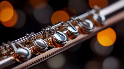 Obraz premium Close-up of a Silver Flute Against a Warm Bokeh Background