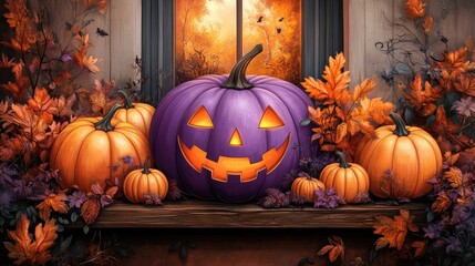 Obraz premium Purple Jack-o'-lantern autumn windowsill scene