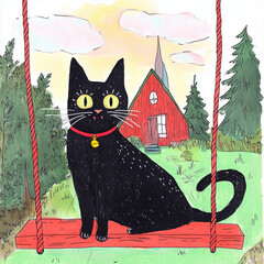 A mischievous black cat with bright golden eyes sits comfortably on a red wooden swing, its tail curling playfully. The cat wears a deep red collar with a small golden bell, matching the crimson hues