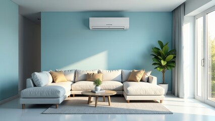 Fototapeta premium Modern Living Room Interior Design with Air Conditioning Unit and Comfortable Sectional Sofa