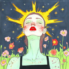 A mysterious woman with sun-kissed golden rays flowing from her head gazes into the cosmic night. Her pale bluish-green skin is marked with celestial symbols, and her deep red lips contrast with the w
