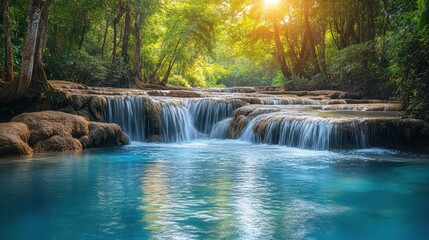 Serene waterfall cascades in lush jungle, sunlight streaming through trees, tranquil pool