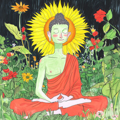 A serene Buddha figure with grayish-green skin sits cross-legged in a sea of vibrant flowers, eyes closed in peaceful meditation. His deep red-orange robes drape elegantly, blending harmoniously with 