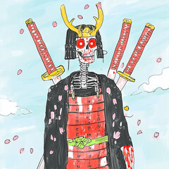 A skeletal samurai clad in rich red and deep black armor stands poised with twin swords, their golden hilts gleaming under the blood-red sky. His hollow eyes glow faintly beneath an ornate, golden-hor