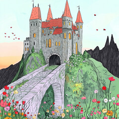 An enchanted castle with towering spires and red-tiled roofs stands proudly atop a stone bridge, surrounded by wildflowers in shades of pink and red. The structure, with its cool gray walls and arched