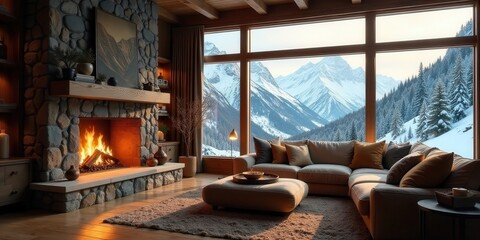Fototapeta premium Cozy stone fireplace and sectional sofa in a mountain lodge with breathtaking panoramic winter views