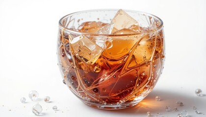 Iced brown beverage in a patterned glass