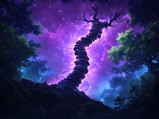 Surreal Representation of a Twisting Tree in a Dreamlike Cosmic Landscape