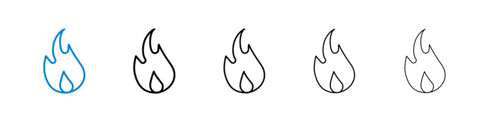 Flame icons in five different stroke sizes