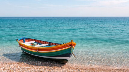 Fototapeta premium Mediterranean, harbor, tradition, A colorful boat rests on a pebbly beach, with clear blue waters and a bright sky in the background, suggesting a peaceful seaside atmosphere.