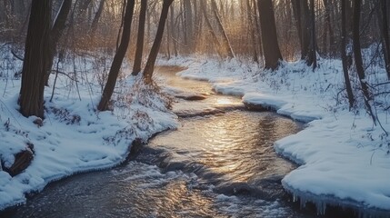 Fototapeta premium Winter stream sunrise forest scene, snow banks, calm water, nature background, perfect for nature/winter themes