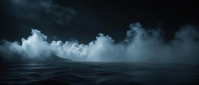 Thick fog rolling across a deep black background, with soft, billowing clouds of smoke 10
