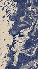 Artistic illustration of a serene face submerged in flowing waves, evoking tranquility and depth