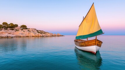 Mediterranean, harbor, tradition, A serene sailboat glides over calm waters, framed by rocky cliffs and a pastel sky, creating a picturesque coastal scene.