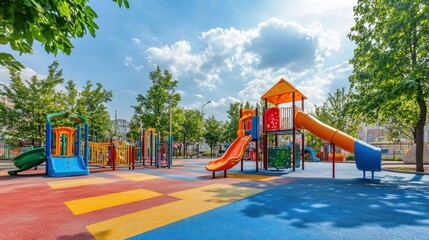 A vibrant playground with slides and climbing structures under a sunny sky.
