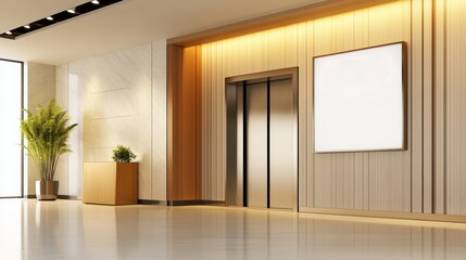 Modern lobby interior featuring elevator doors, potted plants, and blank wall space for advertising