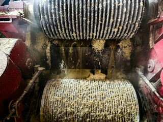 Close-up of Sugarcane Mill Rollers Extracting Juice