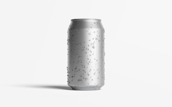 Canned drink bottle with ice drops on white background