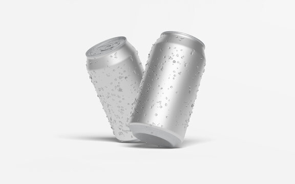 Canned drink bottle with ice drops on white background