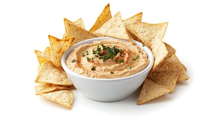 A simple setup featuring a small bowl of hummus with pita chips around it