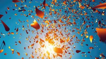 Vibrant orange petals cascading through a bright blue sky, creating a dynamic and colorful scene