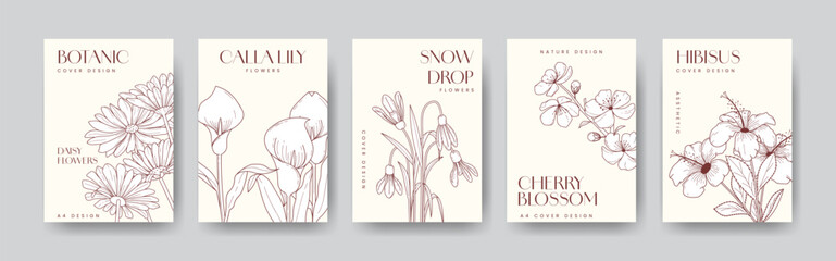 set of cover or poster cover with aesthetic flowers, daisy flower, snowdrop flower, clla lilly flower, cherry blossom flower, hibiscus flower in handraw style, minimalist a4 design
