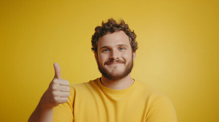 satisfied guy, with a confident smile, gives a thumbs-up to show his approval of a great idea. His expression is relaxed and positive, reflecting his satisfaction with the choice.