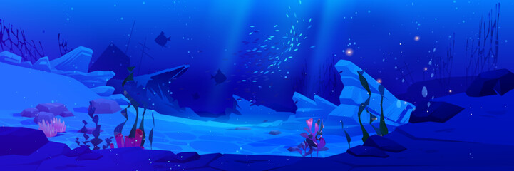 Ocean underwater background. Deep sea bottom - marine landscape with swimming fishes, seaweeds and coral reefs. Cartoon dark blue aquatic scene with exotic plants and sunken ship wrecks silhouette.