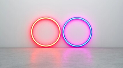 Two illuminated neon circles in red and blue glowing against a minimalist gray wall