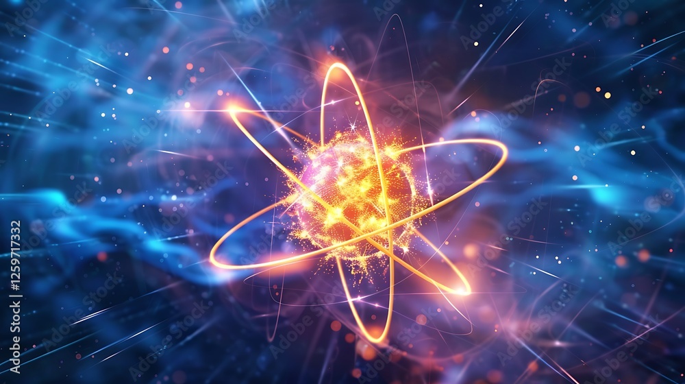 Poster artistic rendering of an atom, showcasing its structure and energy. glowing particles and cosmic bac