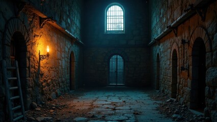 Obraz premium A dimly lit stone corridor with arched doorways, a metal gate, and a single flickering candle providing a stark contrast against the cool blue light filtering through a barred window.