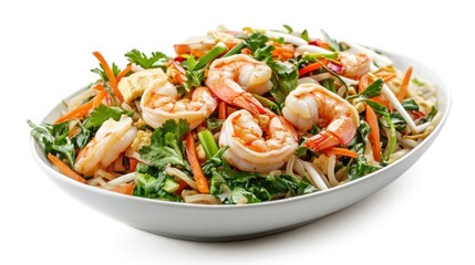 A vibrant shrimp salad featuring fresh vegetables and herbs, perfect for a healthy meal.
