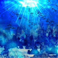 幻想的な海底を泳ぐ魚影