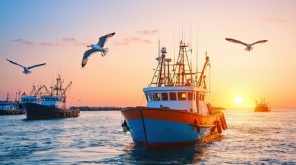Fototapeta premium Mediterranean, harbor, tradition, A vibrant sunset scene featuring fishing boats on calm waters, with seagulls soaring in the sky, creating a picturesque maritime atmosphere.