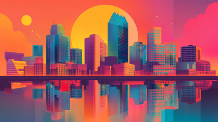 Obraz premium vintage retro illustration metropolitan city landscape district background