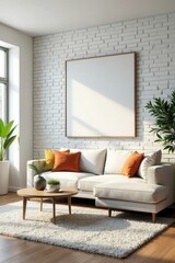 Spacious living room, white brick accent wall, sleek frame detail, home, style, architecture