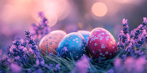 Vibrant Easter Eggs Nestled in Blooming Lavender Flowers