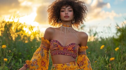 Stylish Woman in Floral Outfit at Sunset