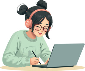 A cheerful young girl sits at a desk, engaged in writing or drawing on a laptop with a stylus. 