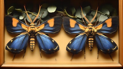 Two Beautiful Blue And Orange Moths In A Frame